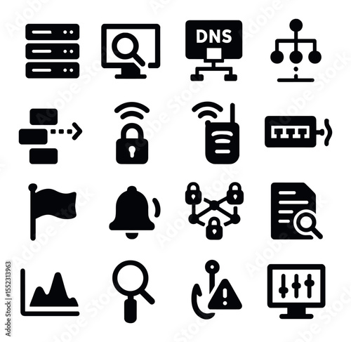 Network surveillance environment icons in silhouette solid black-filled shapes with clean, simple : server rack unit, packet analyzer screen, DNS request viewer, network topology map, data