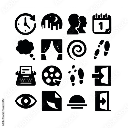 Storytelling transitions icons in silhouette solid black-filled shapes with clean, simple : clock spinning forward, day-to-night skyline, calendar page flipping, character silhouette shift,