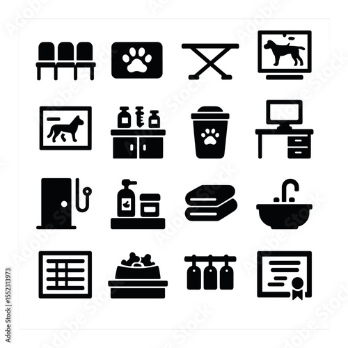 Veterinary clinic interior icons in silhouette solid black-filled shapes with clean, simple : vet waiting room chairs, paw-print rug, exam room table, medical cabinet, wall chart with dog