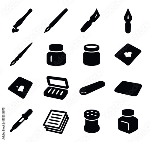 Dip pen calligraphy tools icons in silhouette solid black-filled shapes with clean, simple : oblique pen holder, straight pen holder, pointed nib, broad edge nib, glass dip pen, ink pot with