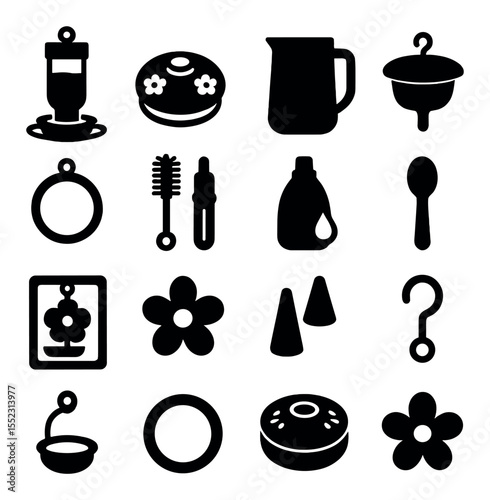 Hummingbird feeding gear icons in silhouette solid black-filled shapes with clean, simple : glass nectar feeder, plastic flower port feeder, nectar mixing pitcher, ant moat cap, perch ring for