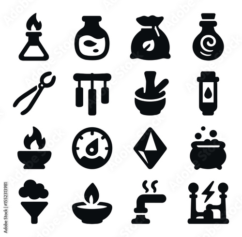 Elemental alchemy instruments icons in silhouette solid black-filled shapes with clean, simple : flame vial, water essence jar, earth powder sack, air swirl bottle, fire tongs, wind chimes,