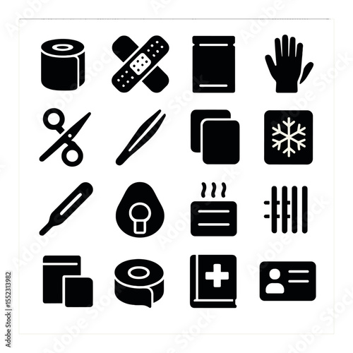 Basic first aid kit items icons in silhouette solid black-filled shapes with clean, simple : bandage roll, adhesive bandages, antiseptic wipes, medical gloves, scissors for cutting tape,