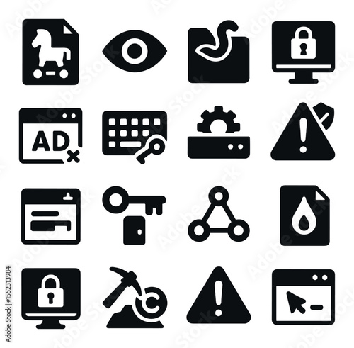 Malware types visualization icons in silhouette solid black-filled shapes with clean, simple : trojan horse file, spyware eye icon, worm in folder, ransomware lock screen, adware pop-up box,