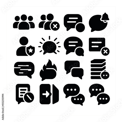Chat group chaos icons in silhouette solid black-filled shapes with clean, simple : left group icon, “you’ve been removed” alert, renamed group bubble, muted chat symbol, new admin badge, mass