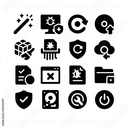 Cleanup and recovery tools icons in silhouette solid black-filled shapes with clean, simple : malware removal wand, full system disinfect icon, rollback restore point, recovery boot disk,
