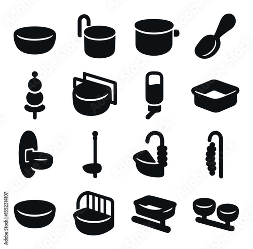 Indoor bird feeding icons in silhouette solid black-filled shapes with clean, simple : small ceramic food bowl, hanging cup clip, stainless steel seed cup, pellet scoop spoon, fruit skewer