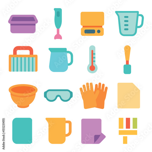 Cold process soap making tools icons in modern flat vector in minimalistic vibrant color design: silicone loaf mold, stick blender, digital scale, measuring cup, soap cutter, lye-safe pitcher,