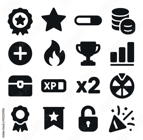 Task reward system icons in silhouette solid black-filled shapes with clean, simple : achievement badge, level-up star, progress bar meter, virtual coin stack, bonus points symbol, daily streak
