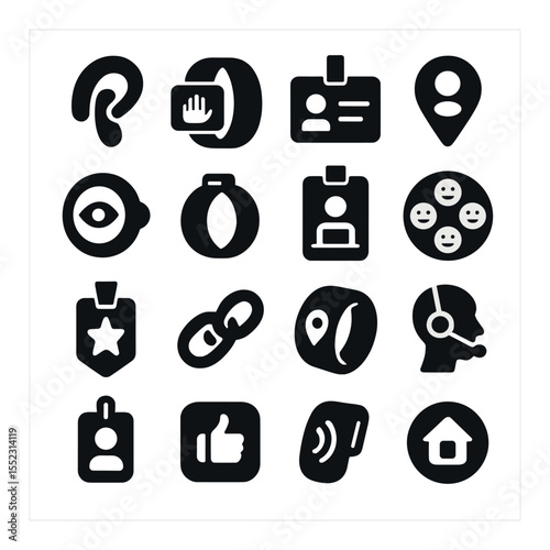 Collaboration-focused wearables icons in silhouette solid black-filled shapes with clean, simple : real-time voice translator earpiece, gesture-based communicator band, smart name tag display,