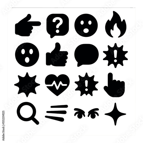 Thumbnail objects and props icons in silhouette solid black-filled shapes with clean, simple : arrow pointing gesture, question mark bubble, emoji reaction icon, fire shape overlay, shocked