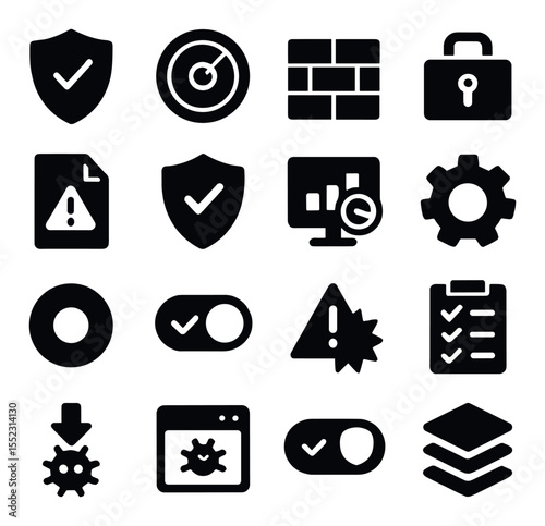 Real-time protection tools icons in silhouette solid black-filled shapes with clean, simple : shield with checkmark, live scan radar, firewall barrier icon, quarantine vault, suspicious file