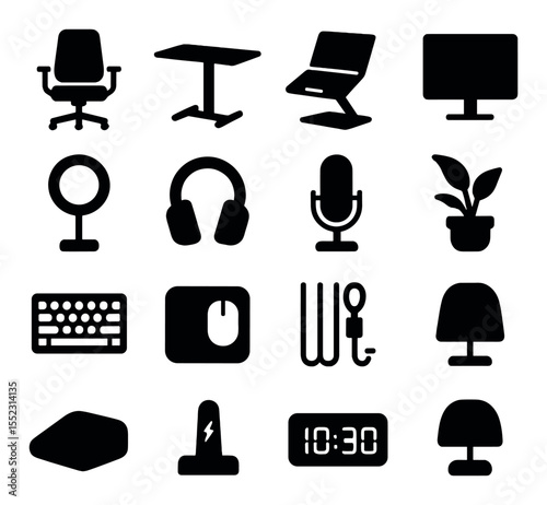 Remote desk setup icons in silhouette solid black-filled shapes with clean, simple : ergonomic chair, standing desk, laptop on riser, external monitor, ring light, noise-cancelling headphones,
