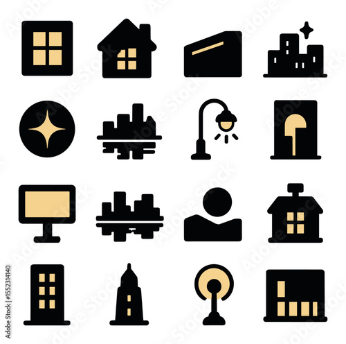 Lighting and reflections icons in silhouette solid black-filled shapes with clean, simple : golden window reflection, silhouette with lit window grid, illuminated rooftop edge, glowing city