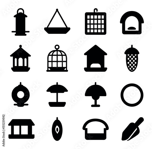 Backyard bird feeders icons in silhouette solid black-filled shapes with clean, simple : hanging tube feeder, platform tray feeder, suet cage, window-mounted feeder, decorative gazebo feeder,