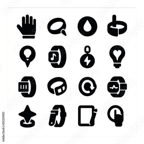 Wearables for creative roles icons in silhouette solid black-filled shapes with clean, simple : stylus-enabled smart glove, sketch input ring, color sampling badge, voice-to-idea wrist mic,