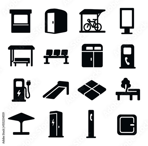 Modular public infrastructure icons in silhouette solid black-filled shapes with clean, simple : ticket booth, public restroom pod, bike parking shelter, information kiosk, bus stop shelter,