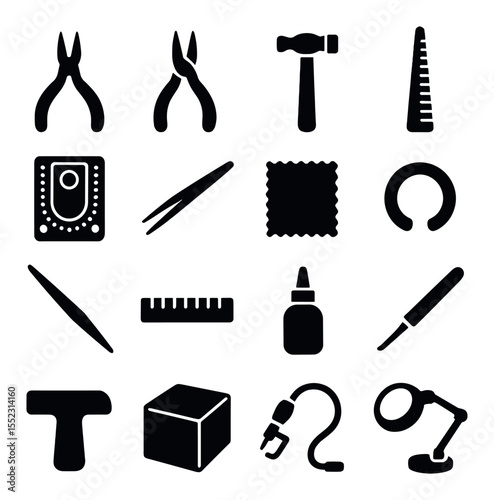 Handmade jewelry tools and materials icons in silhouette solid black-filled shapes with clean, simple : round nose pliers, wire cutters, jewelry hammer, ring mandrel, bead board, tweezers,