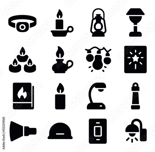 Backup lighting options icons in silhouette solid black-filled shapes with clean, simple : headlamp, candle with holder, lantern with handle, solar-powered lamp, tea light cluster, oil lamp