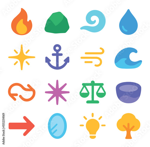 Astrological energy types icons in modern flat vector in minimalistic vibrant color design: fire sign flame, earth sign rock, air sign swirl, water sign drop, cardinal spark, fixed anchor,