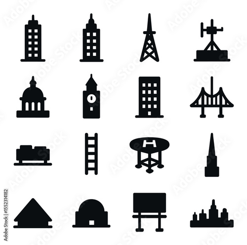 Urban silhouettes icons in silhouette solid black-filled shapes with clean, simple : high-rise office tower, residential skyscraper, communication tower, rooftop antenna, city hall dome, clock