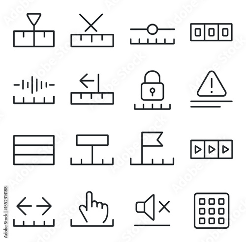 Timeline tools icons in minimalistic line art : playhead marker, clip splitter blade, timeline zoom slider, frame counter, audio waveform layer, ripple edit icon, lock track button, sync offset