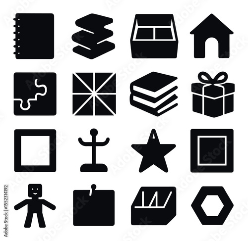 Upcycled cardboard projects icons in silhouette solid black-filled shapes with clean, simple : cereal box notebook cover, layered cardboard sculpture, drawer organizer tray, cardboard playhouse