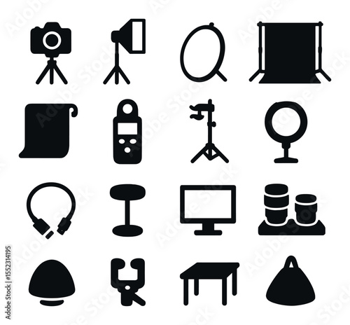 Photography studio setup icons in silhouette solid black-filled shapes with clean, simple : DSLR camera on tripod, softbox light, reflector disc, backdrop support stand, seamless paper roll,