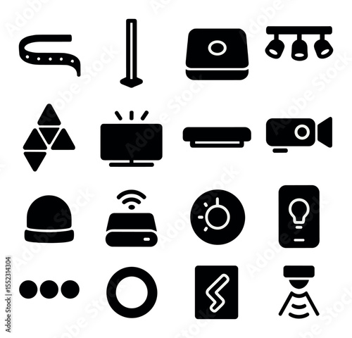 Immersive lighting setup icons in silhouette solid black-filled shapes with clean, simple : RGB strip lights, corner floor lamp, smart lighting hub, ceiling spotlights, LED wall panels,