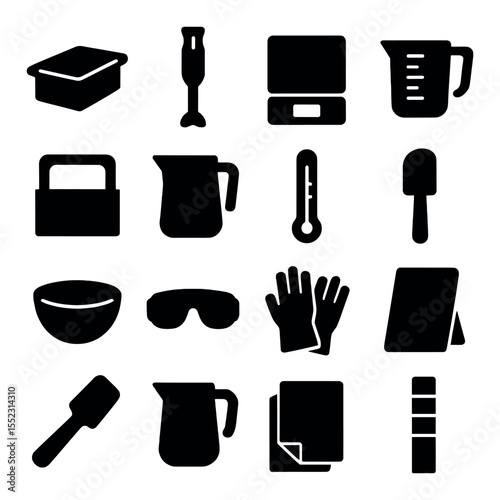 Cold process soap making tools icons in silhouette solid black-filled shapes with clean, simple : silicone loaf mold, stick blender, digital scale, measuring cup, soap cutter, lye-safe pitcher,