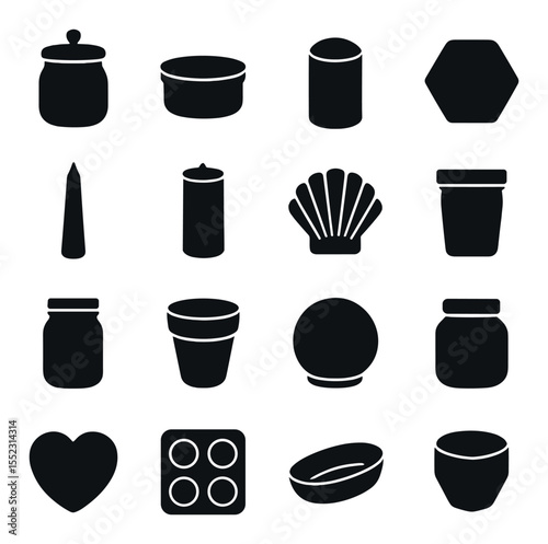 Candle vessel and mold s icons in silhouette solid black-filled shapes with clean, simple : glass jar with lid, tin container, ceramic bowl, hexagon silicone mold, classic taper mold, pillar