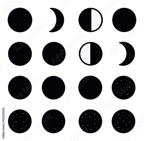 Lunar calendar phases icons in silhouette solid black-filled shapes with clean, simple : new moon, waxing crescent, first quarter, waxing gibbous, full moon, waning gibbous, last quarter,