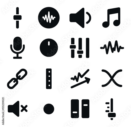 Audio editing section icons in silhouette solid black-filled shapes with clean, simple : volume fader slider, waveform boost button, audio ducking icon, background music note, voiceover mic
