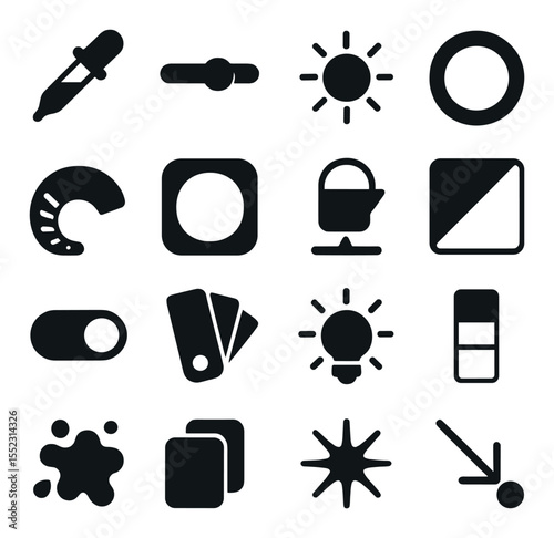 Color and lighting elements icons in silhouette solid black-filled shapes with clean, simple : color picker droplet, contrast slider, brightness sun icon, hue adjustment ring, saturation dial,