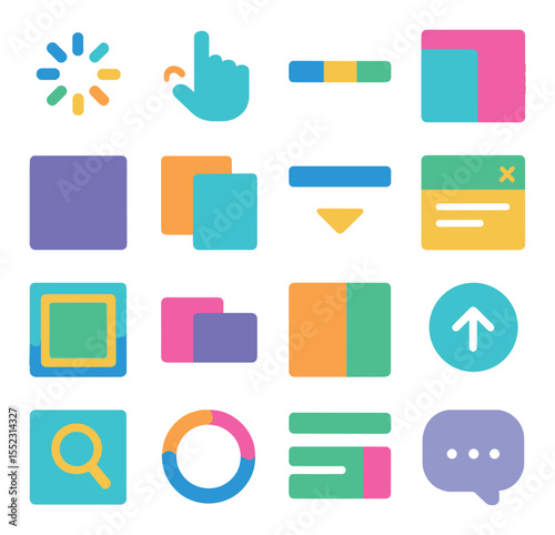 Digital UI transitions icons in silhouette solid black-filled shapes with clean, simple : loading spinner, swipe gesture icon, progress bar fill, menu slide out, screen fade overlay, card flip