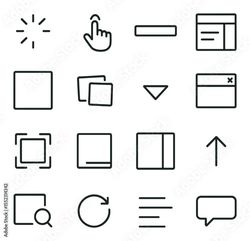 Digital UI transitions icons in minimalistic line art : loading spinner, swipe gesture icon, progress bar fill, menu slide out, screen fade overlay, card flip animation, dropdown expand arrow,