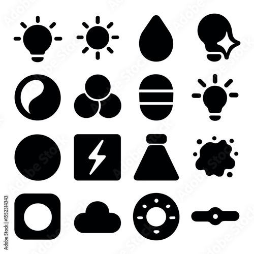 Color and temperature variations icons in silhouette solid black-filled shapes with clean, simple : tungsten orange glow, daylight white balance, cool cyan fill, magenta accent light, split
