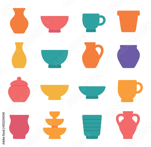 Thrown pottery icons in modern flat vector in minimalistic vibrant color design: classic vase, wide-mouthed bowl, small teacup, flower pot, narrow bottle, deep serving bowl, tall jug, ringed