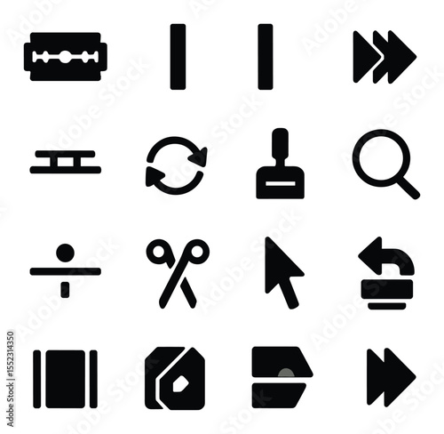 Cutting and trimming tools icons in silhouette solid black-filled shapes with clean, simple : razor cut blade, trim in icon, trim out icon, ripple delete button, slip edit symbol, rolling edit