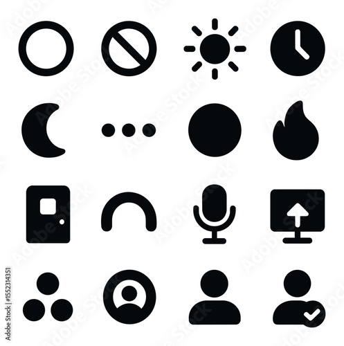 Digital presence indicators icons in silhouette solid black-filled shapes with clean, simple : online glow ring, do not disturb halo, active speaker pulse, away timer badge, silent mode field,