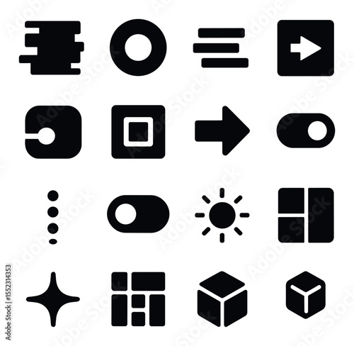 Effects and transitions menu icons in silhouette solid black-filled shapes with clean, simple : glitch overlay icon, blur strength circle, text animation preview, color filter tile, shape mask