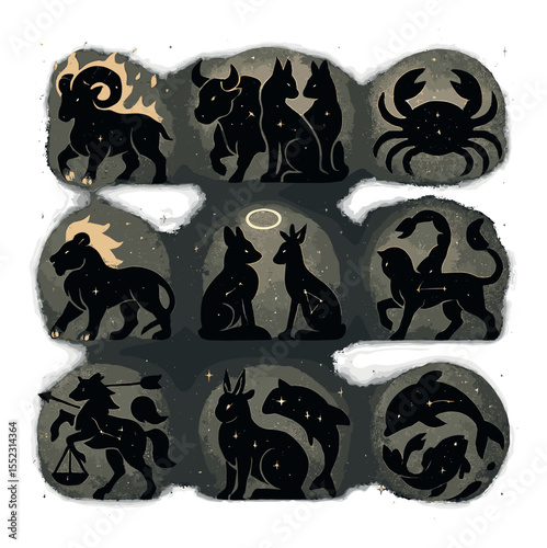 Zodiac characters as animals icons in silhouette solid black-filled shapes with clean, simple : Aries ram with flames, Taurus armored bull, Gemini mirror foxes, Cancer glowing crab, Leo golden