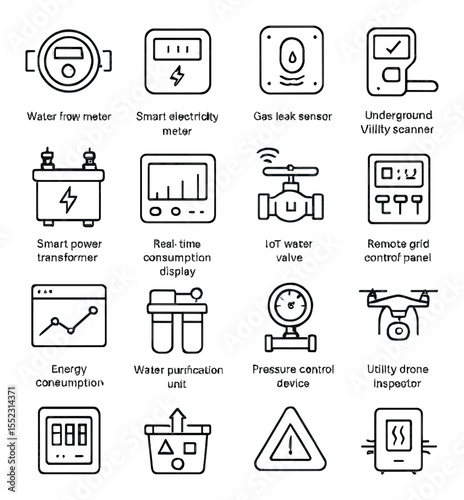 Smart utilities icons in minimalistic line art : water flow meter, smart electricity meter, gas leak sensor, underground utility scanner, smart power transformer, real-time consumption display,