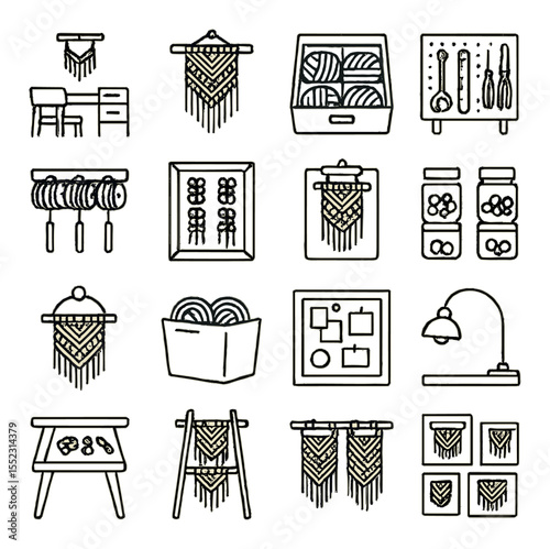 Macramé workspace and display icons in minimalistic line art : crafting desk setup, hanging project in progress, color-sorted cord drawer, pegboard with tools, wall-mounted cord spool rack,