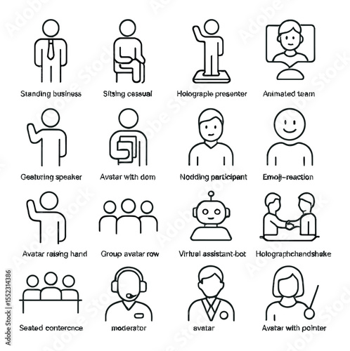 Virtual participant avatars icons in minimalistic line art : standing business avatar, sitting casual avatar, holographic presenter, animated team member, gesturing speaker, avatar with