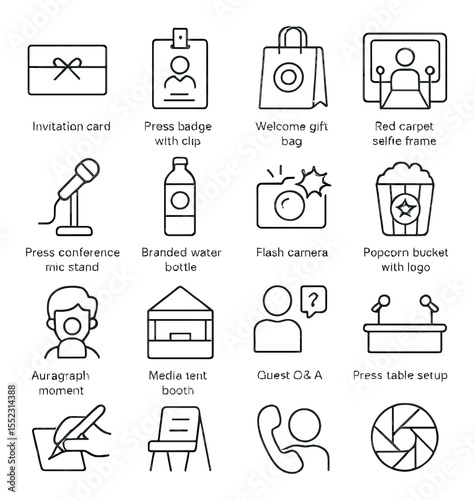 Guest and press experience icons in minimalistic line art : invitation card, press badge with clip, welcome gift bag, red carpet selfie frame, press conference mic stand, branded water bottle,