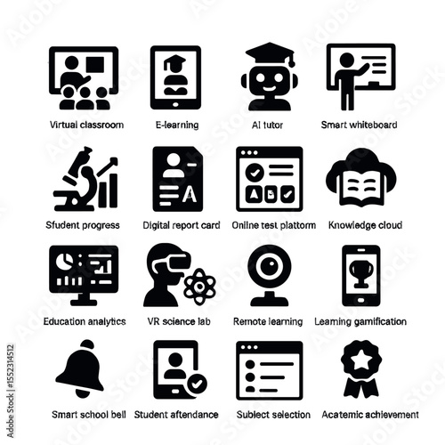 Smart education icons in silhouette solid black-filled shapes with clean, simple : virtual classroom, e-learning tablet, AI tutor assistant, smart whiteboard, student progress tracker, digital