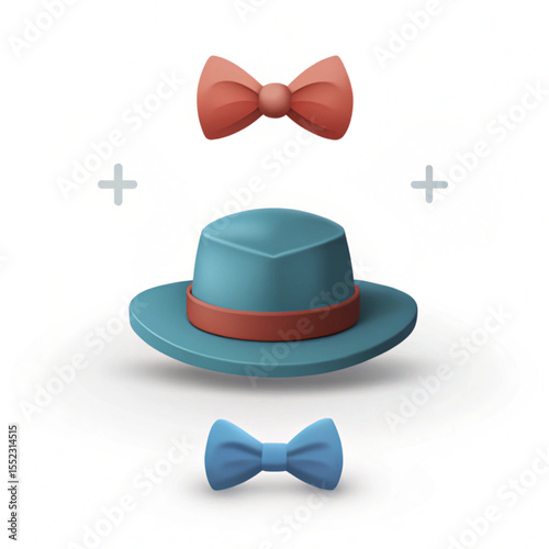 Daddys Hat with bow isometric Concept, mustache with bow Vector Icon, Happy Fathers Day Symbol, Dads Gift Elements Sign, Parents Day Stock illustration on white background