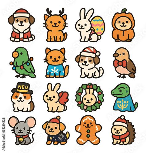 Holiday-themed costumes icons in modern flat vector in minimalistic vibrant color design: dog in Santa suit, cat in reindeer antlers, bunny with Easter egg backpack, hamster in pumpkin hoodie,