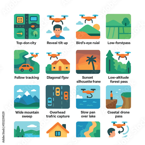 Aerial shot types icons in modern flat vector in minimalistic vibrant color design: top-down city view, cinematic orbit shot, reveal tilt up, bird’s-eye rural field, follow tracking shot,